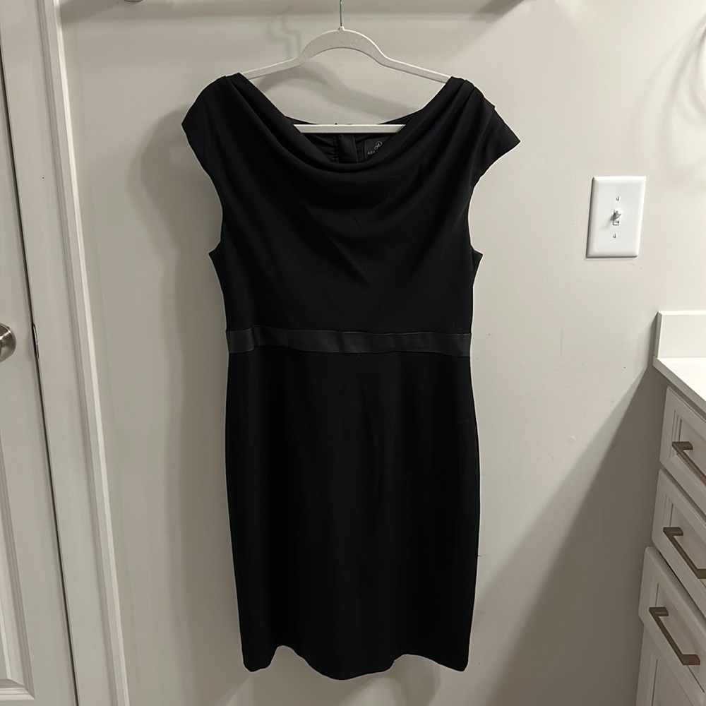 Adrianna Papell Black Dress with Faux Leather Belt. Size 14.